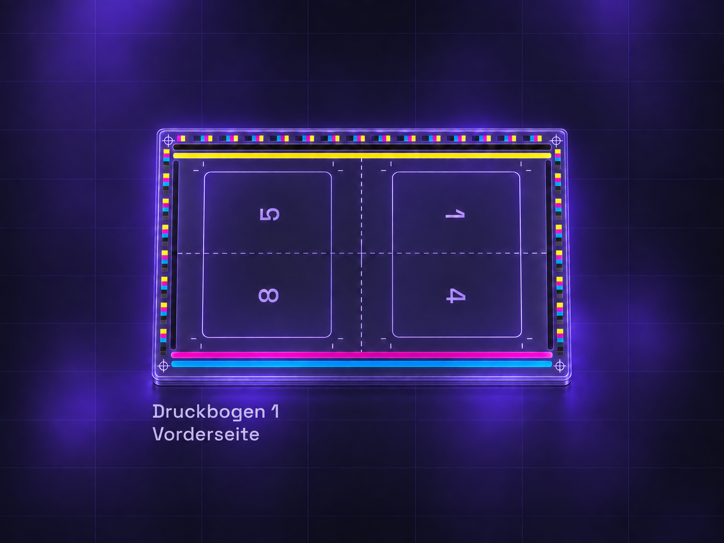 Schematische Darstellung eines ausgeschossenen Druckbogens mit Nutzen und Druckmarken