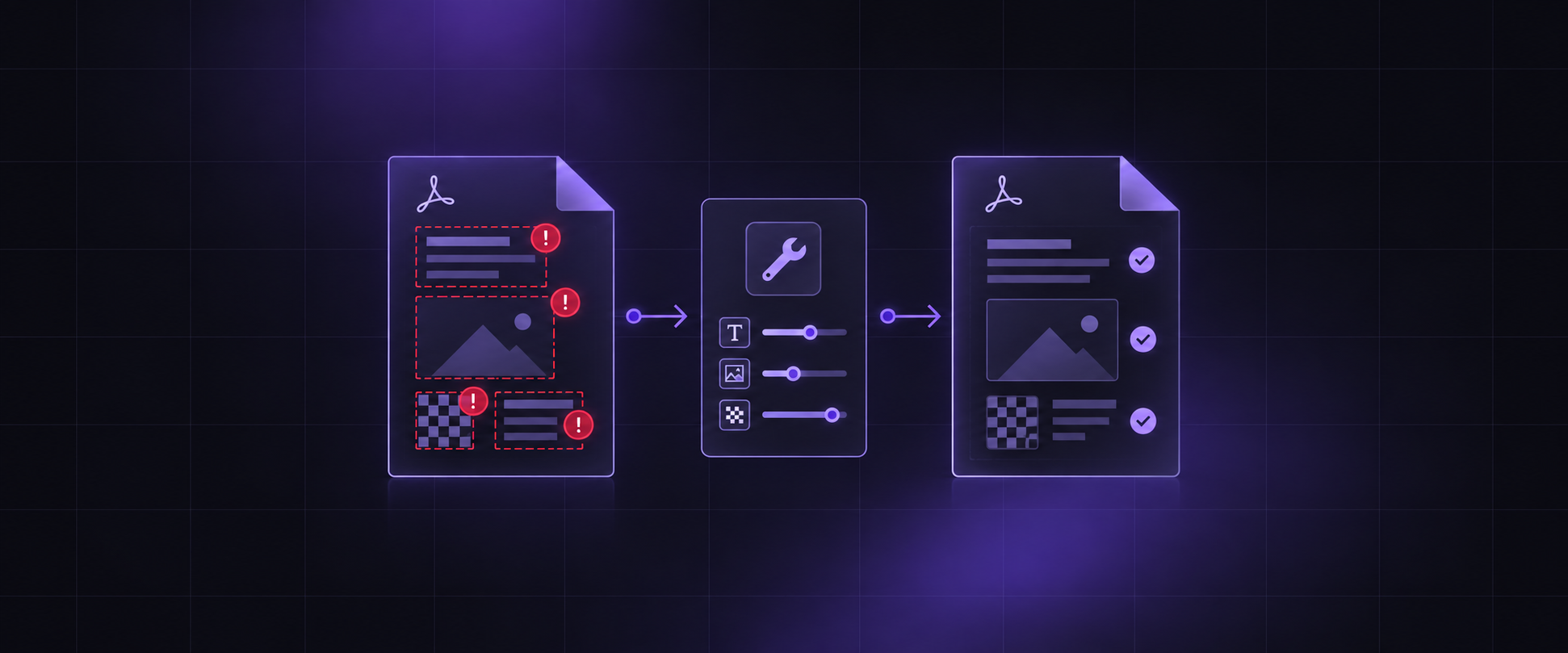 Vereinfachter Workflow für Datenkorrektur und Optimierung mit rot markierten Fehlern, Bearbeitung und korrigierter PDF-Ausgabe
