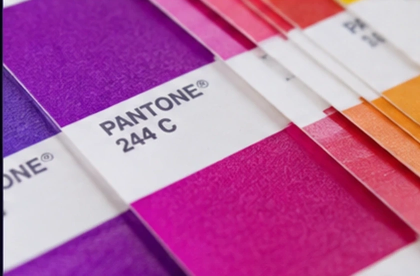 Pantone-Farbfächer mit violetten, pinken und orangefarbenen Sonderfarben